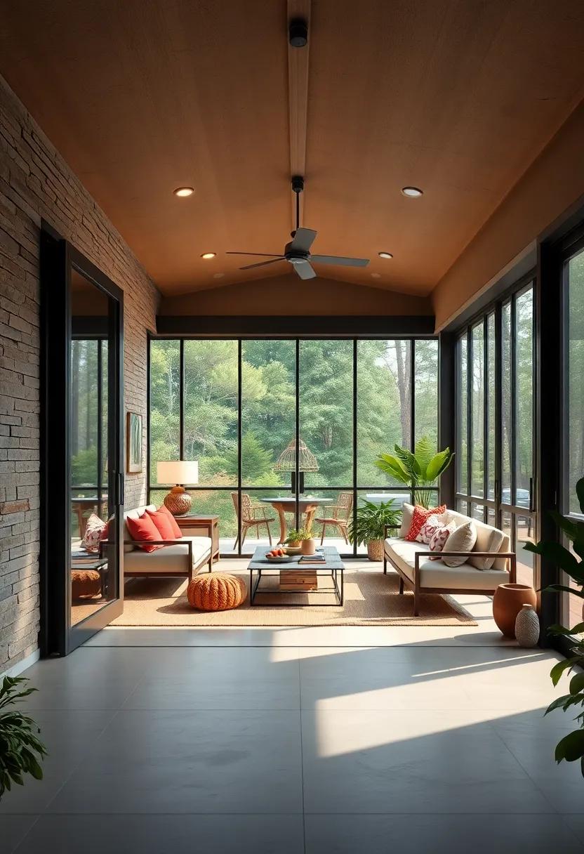 Sleek Metal Framed Grand Doors Inviting Breezes Into a Minimalist Screened Porch Oasis