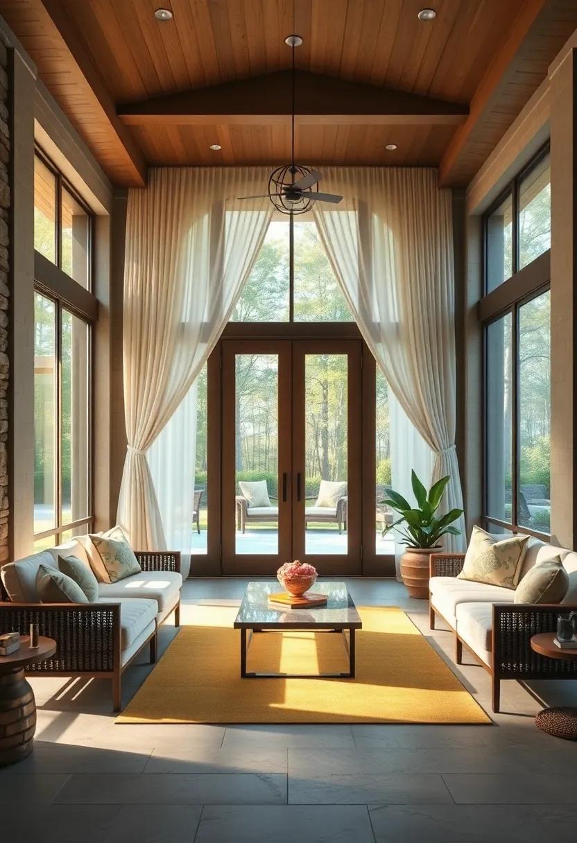 Soft Drapes Cascading Around Tall Grand Doors Leading to a Serene Screened Porch Sanctuary