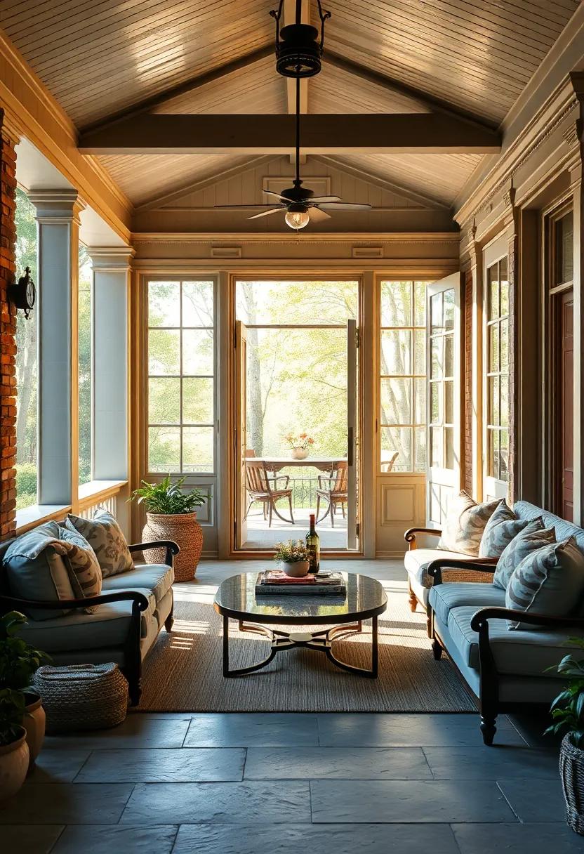 Sun-Dappled Screened Porch Illuminated by Open Classic French Grand Doors with Intricate Molding