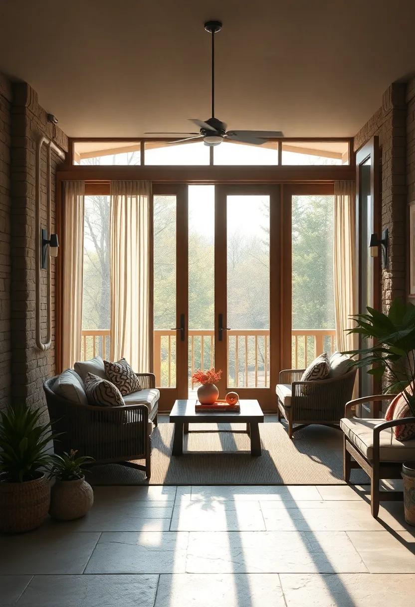 Sunlight Streaming Through Transparent Panels of Grand Doors Opening Into a Cozy Screened Porch