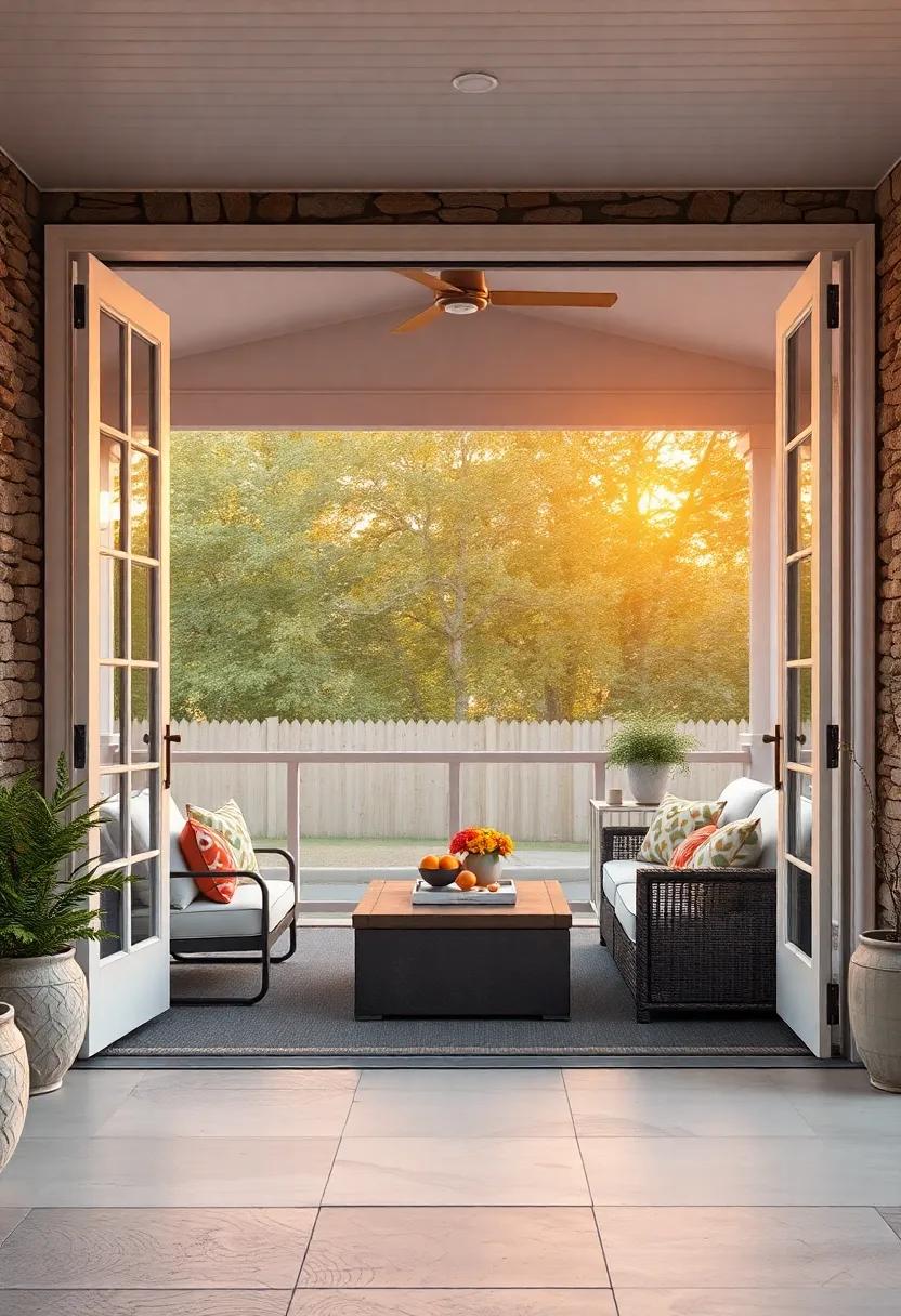 Sunset Glow Highlighting Painted Grand Doors Framing a Screened Porch Filled with Comfortable Seating