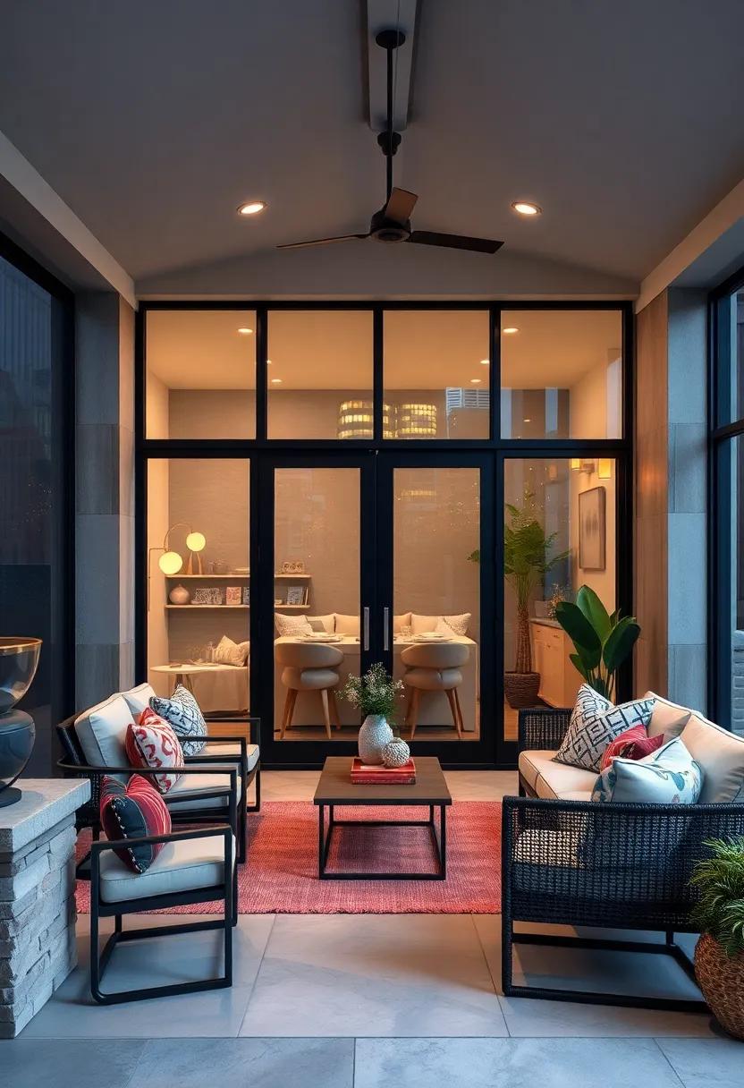 An Urban Screened Porch Featuring Sliding Glass Grand Doors Against a Backdrop of City Lights