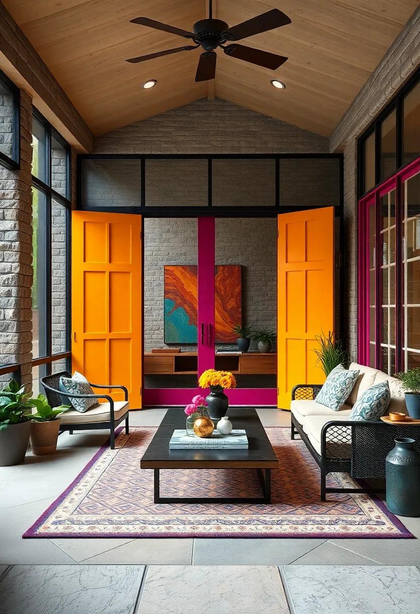 A Vibrant Screened Porch Enclosed by Boldly Colored Grand Doors Blending Art and Architecture