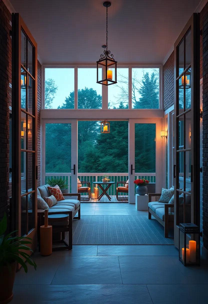 Warm Glow of Lanterns Seen Through Open Grand Doors into a Screened Porch at Twilight