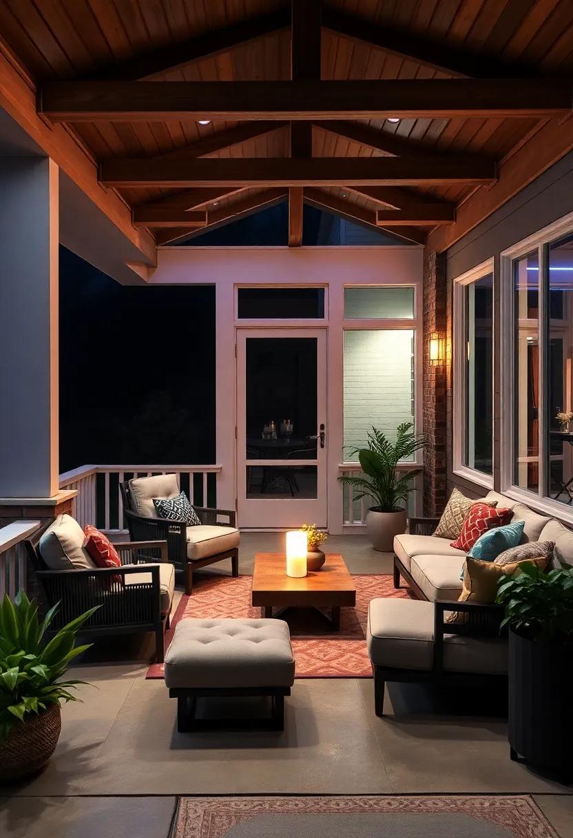 Bold Neon-Style LED Strip Lighting Adding a Retro Flair to a Trendy Screened Porch at Night