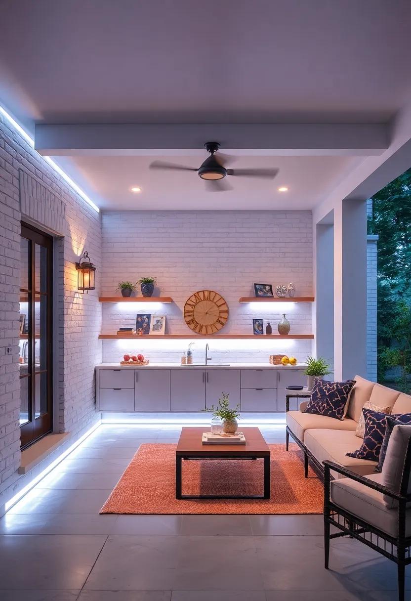 Cool White LED Strip Lighting Underneath Porch Cabinets and Shelves Showcasing Decorative Items