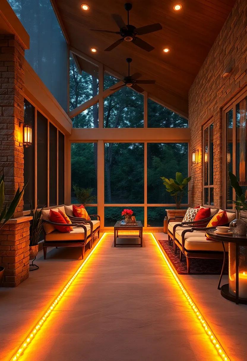 Warm Amber LED Strips Running Along the Floor Perimeter, Creating an Inviting Path Around a Screened Porch