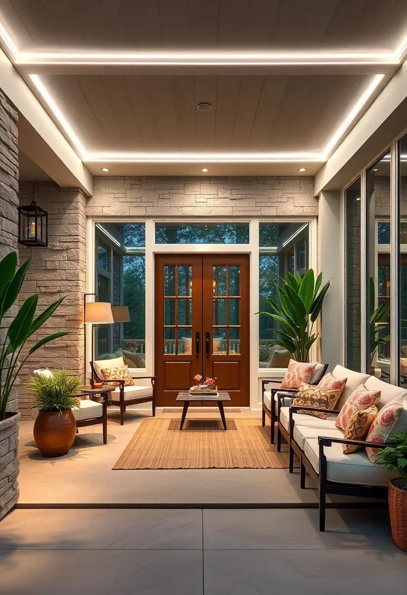 White LED Strip Lighting Framing a Screened Porch Entrance and Highlighting Doorway Details Elegantly