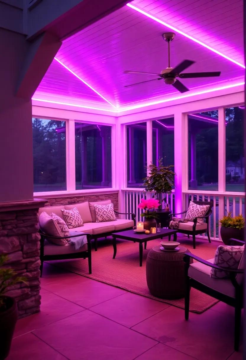 Subtle Purple and Pink LED Glow Enhancing a Romantic Evening Setting on a Screened Porch with Soft Furnishings