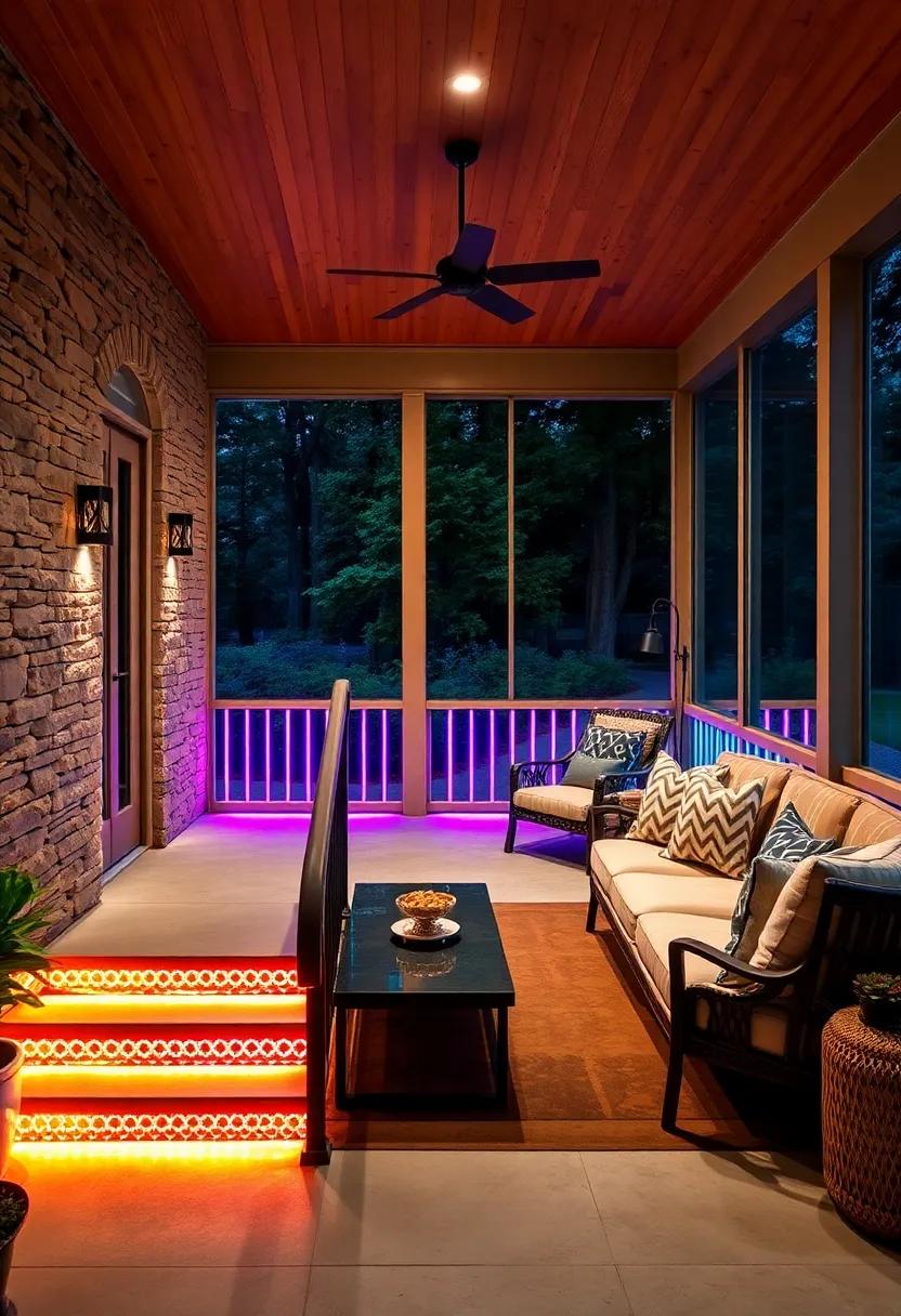 RGB LED Strip Lighting Following the Staircase Railing Lines, Adding a Dynamic Look to the Screened Porch