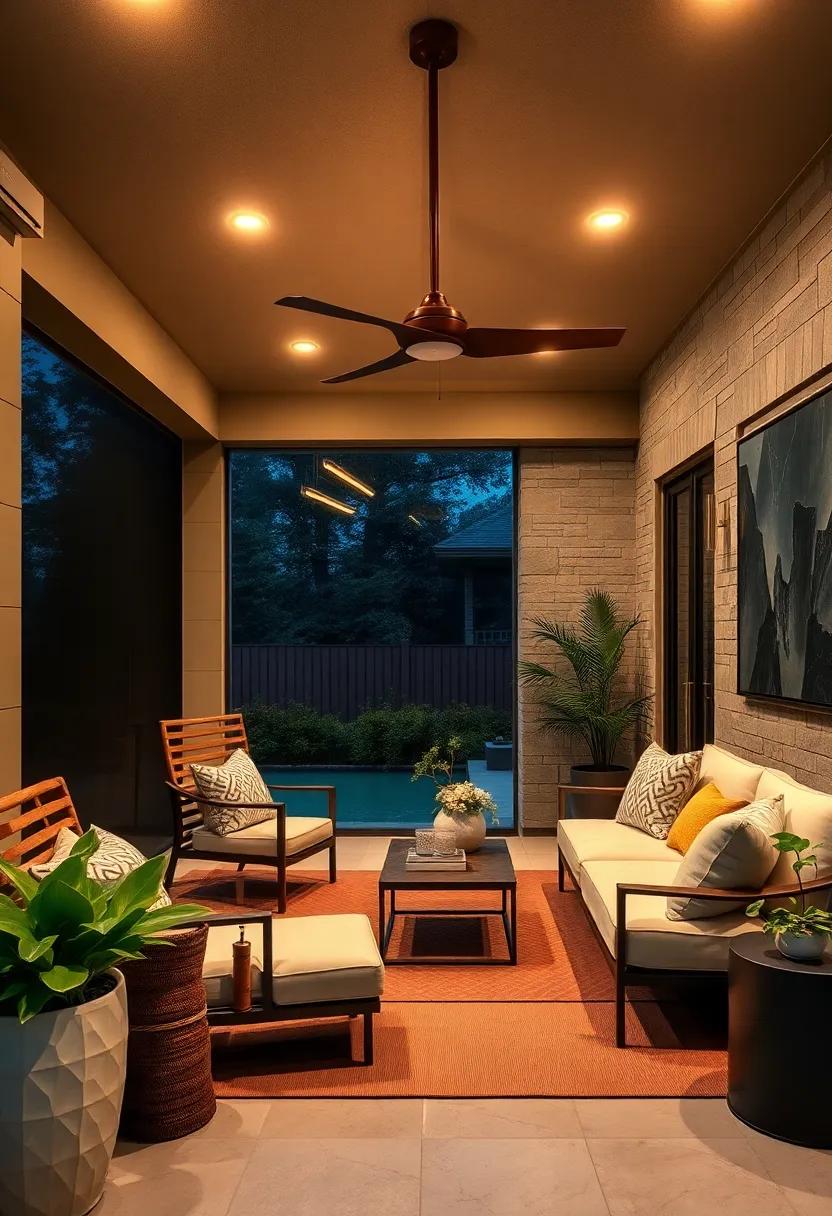 LED Strips Illuminating Potted Plants and Vertical Garden Walls, Bringing Life to a Screened Porch Space
