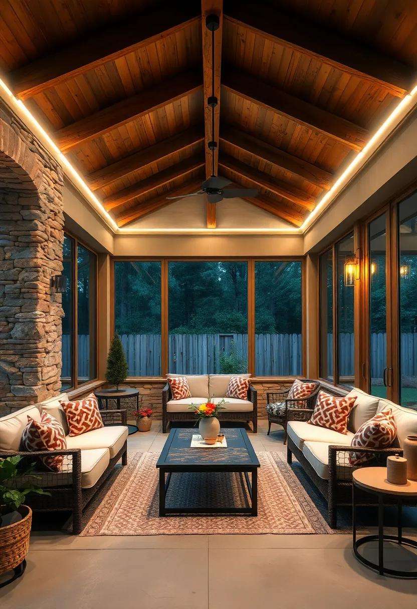 LED Strip Lighting Accentuating Architectural Features and Ceiling Beams in a Rustic Screened Porch