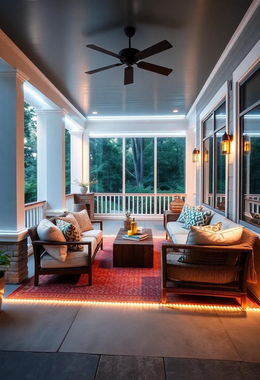 LED Light Strips Framing Floor Cushions and Outdoor Rugs to Define Cozy Seating Zones on a Screened Porch