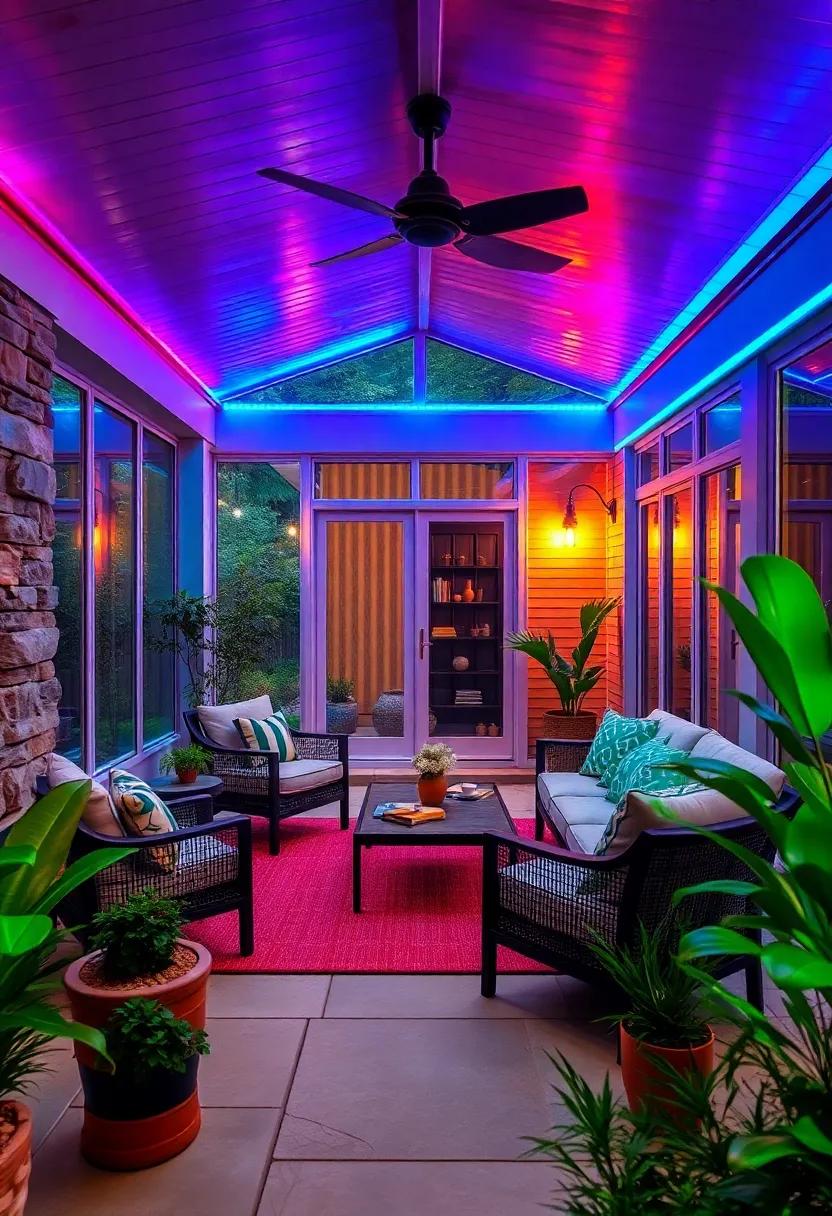 Vibrant Color-Changing LED Strips Highlighting Outdoor Furniture and Greenery in a Modern Screened Porch