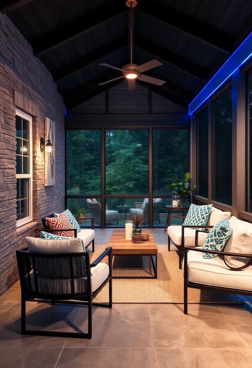 Soft Blue LED Strip Lighting Creating a Serene and Relaxing Ambiance on a Contemporary Screened Porch
