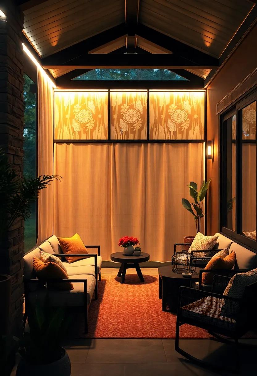 Energy-Efficient LED Strip Lighting Casting Shadows and Patterns from Porch Screens for Artistic Ambiance