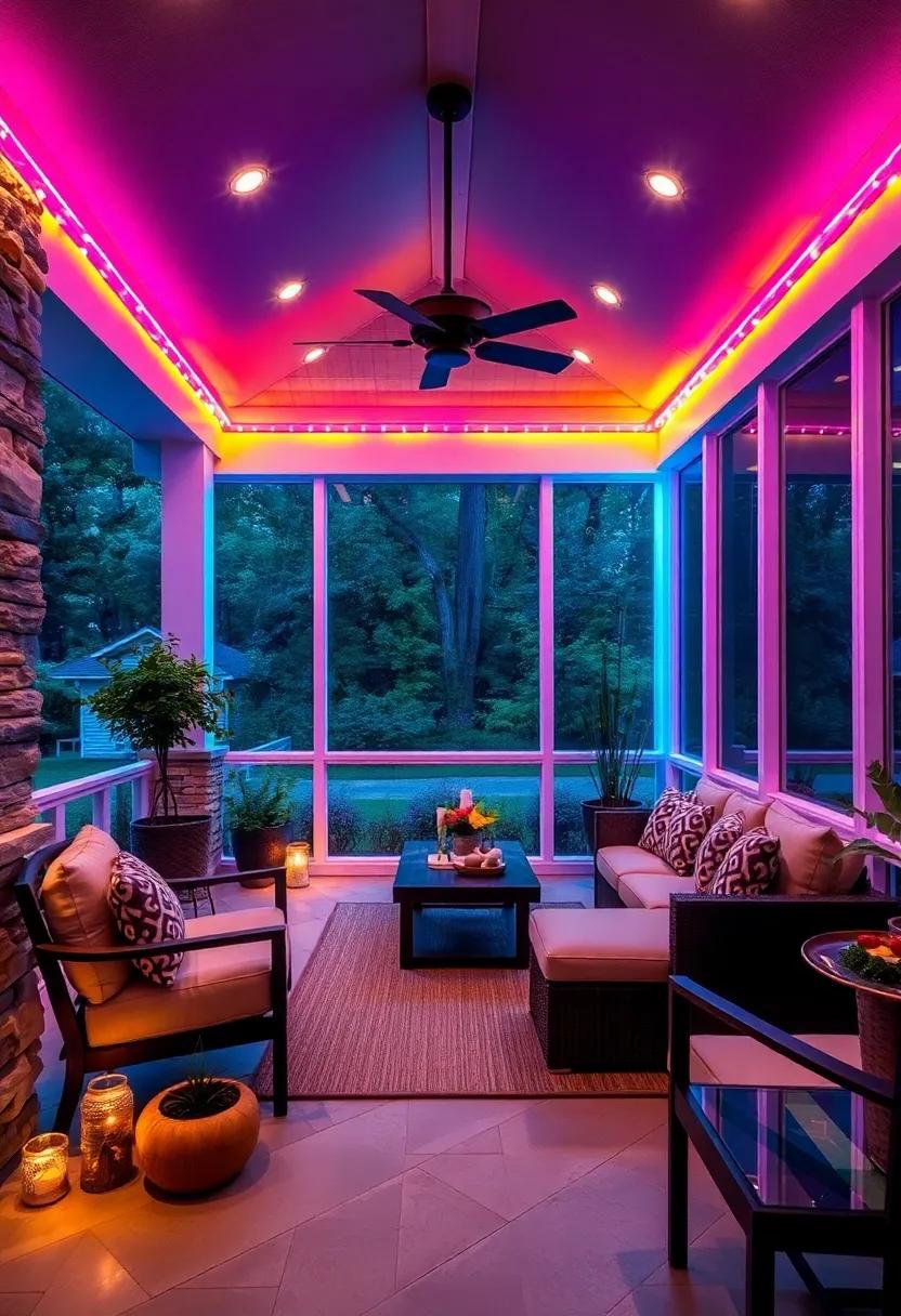 Multicolor LED Strip Lighting Creating a Playful Atmosphere for Family Nights on a Spacious Screened Porch