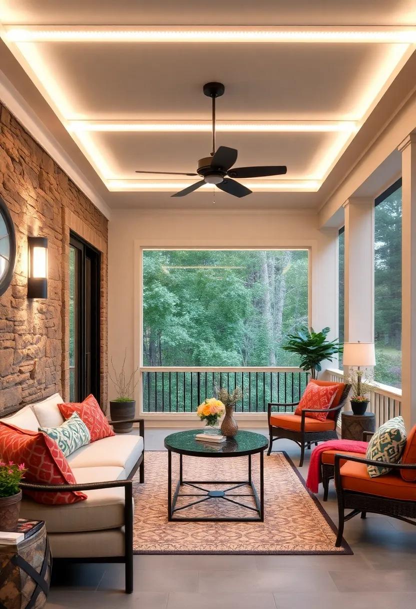Elegant Frosted LED Strip Diffusers Softening Harsh Light, Enhancing the Comfort of a Screened Porch Space