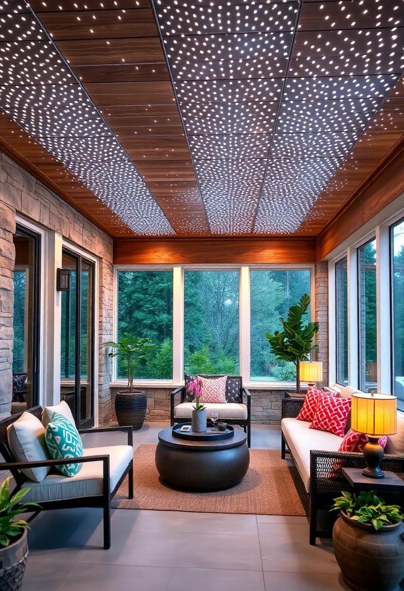 LED Strip Lighting Creating a Stargazer Effect with Sparkling Dot Patterns on Porch Ceiling Panels