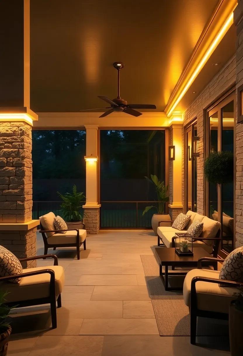 Warm LED Strips Wrapping Around Porch Columns Providing a Balanced Glow to Architectural Lines