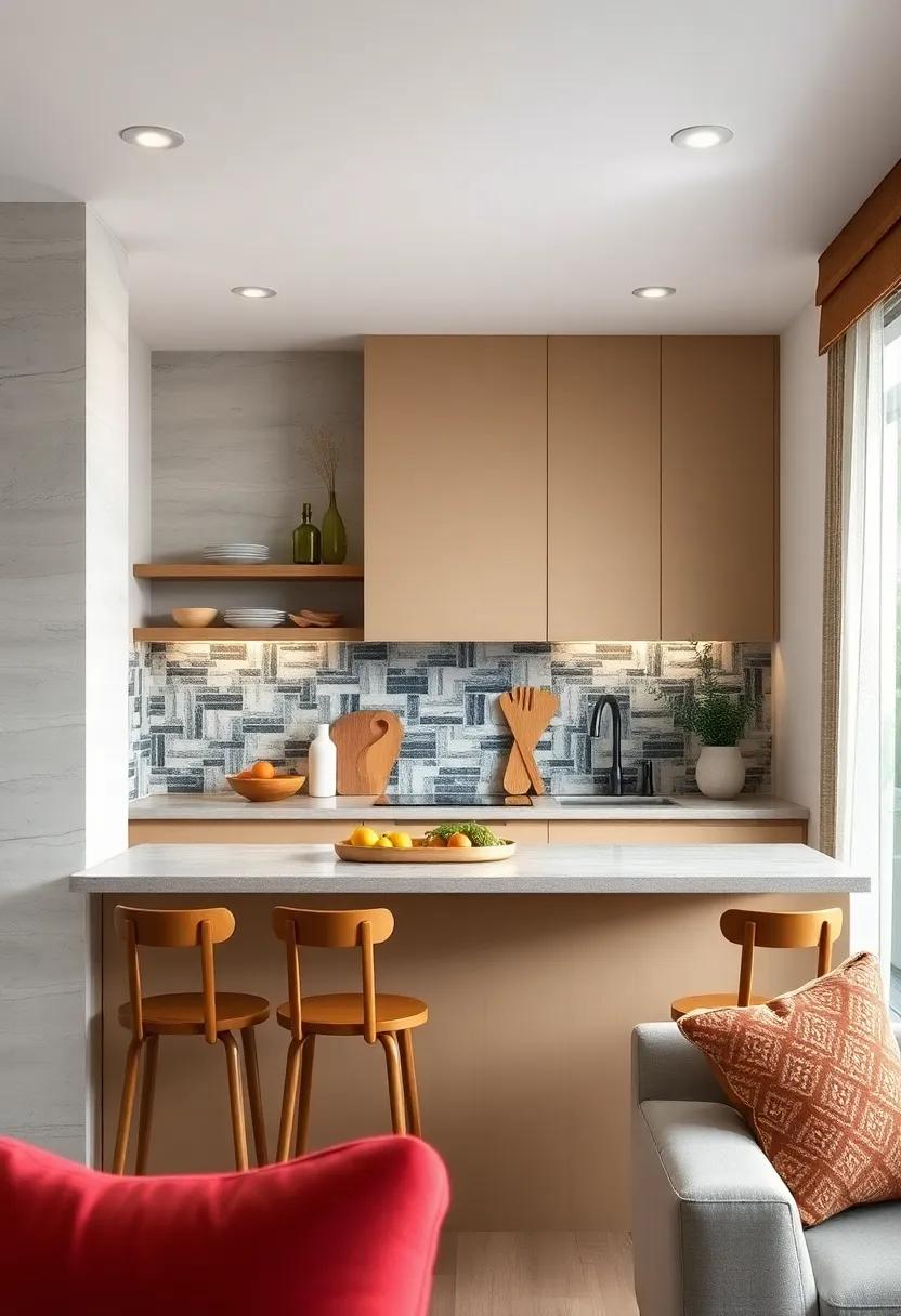 Artistic Tile Backsplashes Serving as Stunning Focal Points Behind Compact Kitchen Breakfast Bars