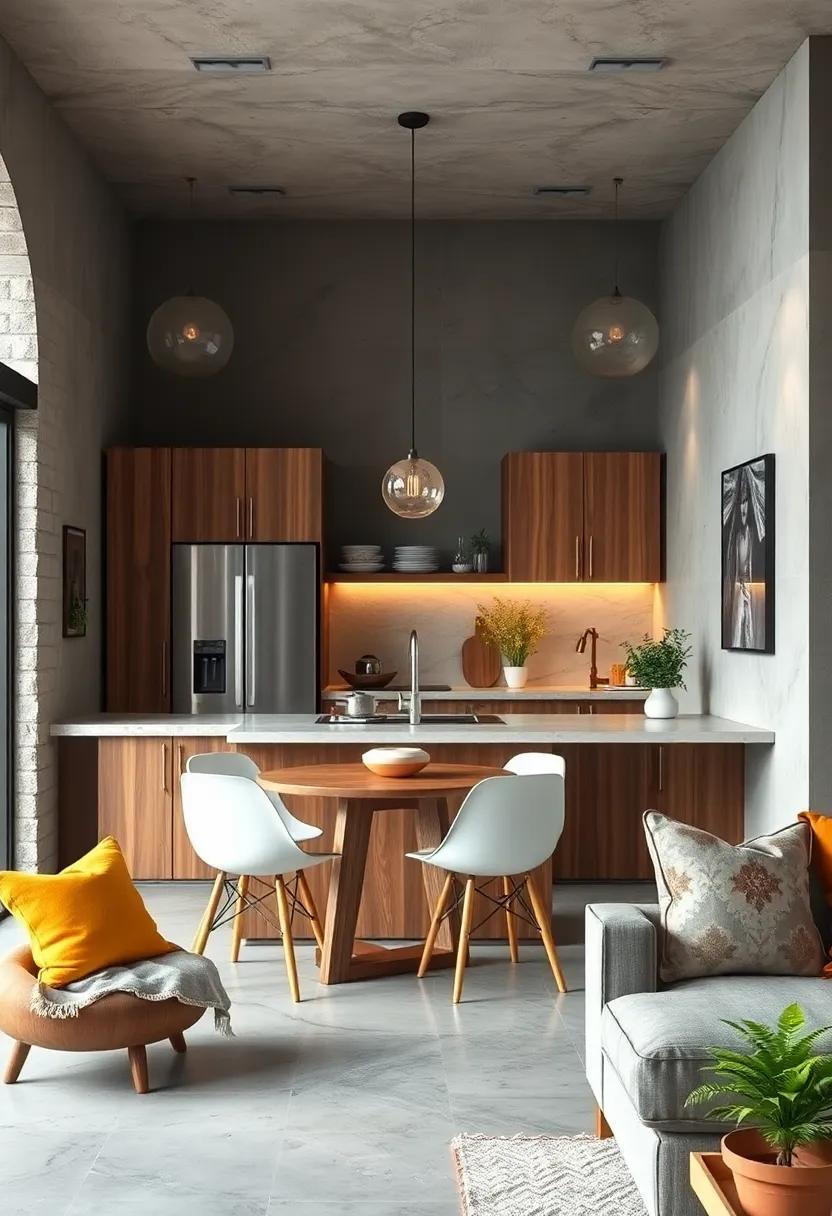 Combining Rustic Wood Elements with Modern Minimalism for a Cozy Small Kitchen Breakfast Bar
