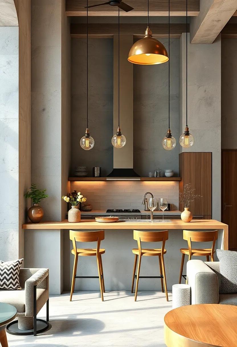 Elegant Lighting Fixtures Suspended Over Small Kitchen Breakfast Bars to Create Inviting Atmospheres