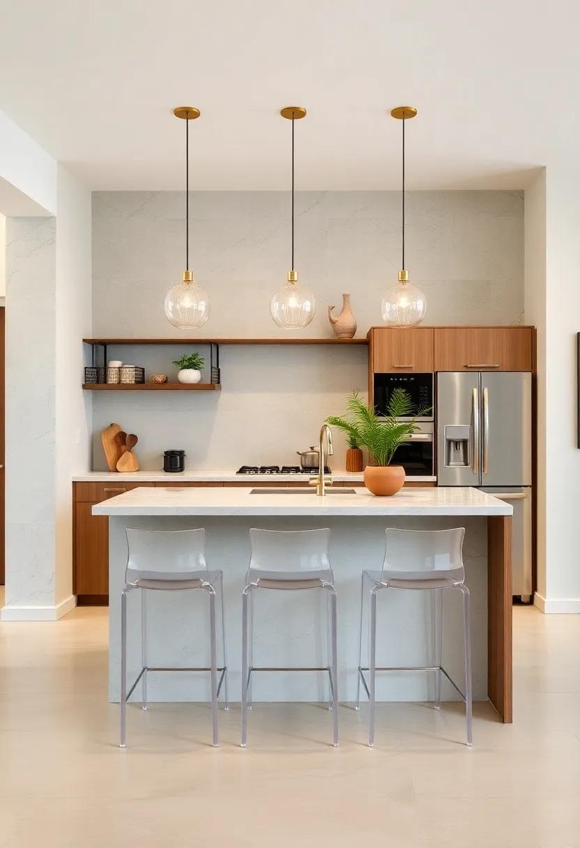 Small Kitchen Breakfast Bars Featuring Glass or Acrylic Stools to Maintain Openness and Style