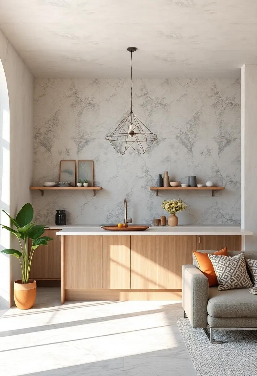 Subtle Patterns and Monochromatic Palettes Creating Calm, Stylish Small Kitchen Breakfast Bar Zones
