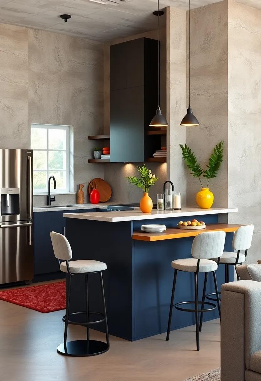 Using Bold Color Accents and Textures to Make Small Kitchen Breakfast Bars Pop Visually