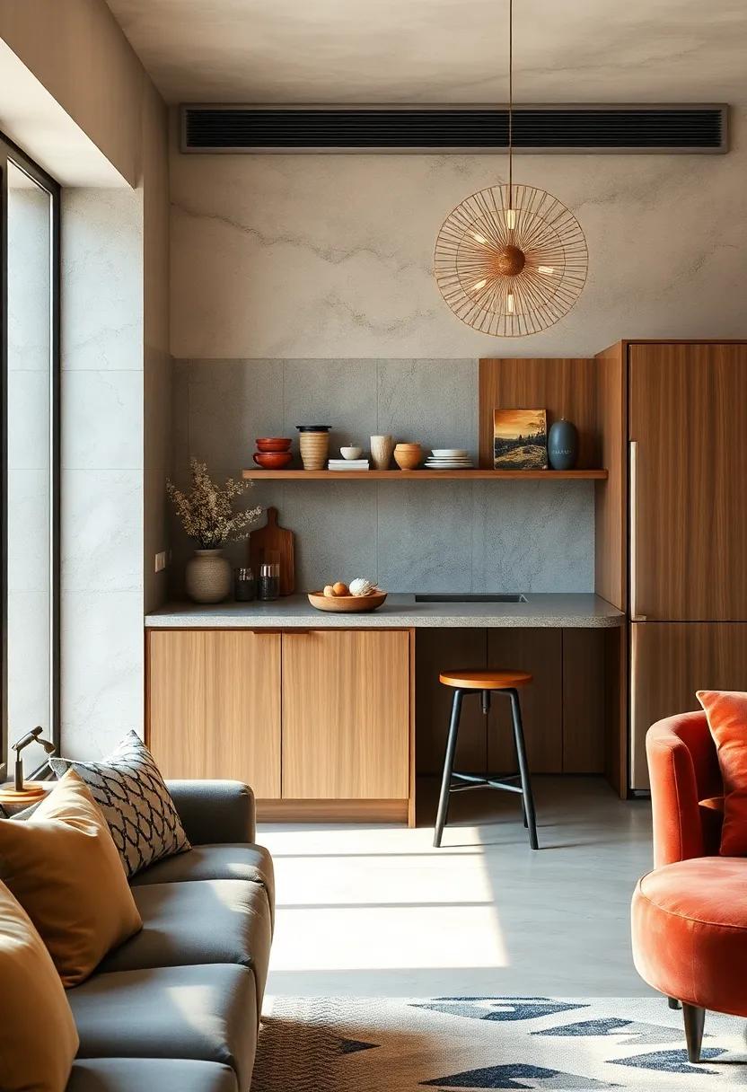 Warm Metallic Accents Adding a Touch of Luxury to Compact Kitchen Breakfast Bar Setups