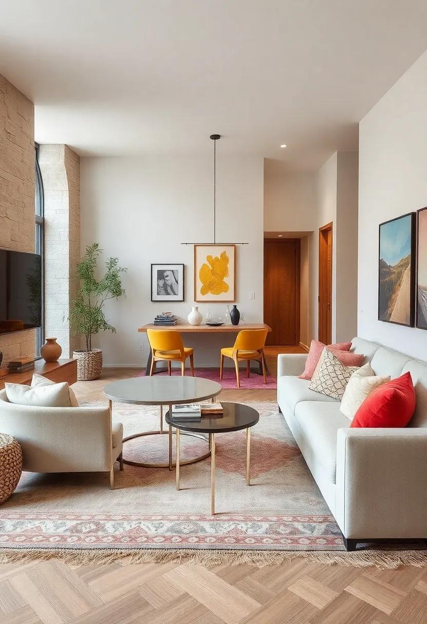 Using Soft Textiles and Layered Rugs to Define Zones and Add Warmth in Tight Living Room and Dining Spaces