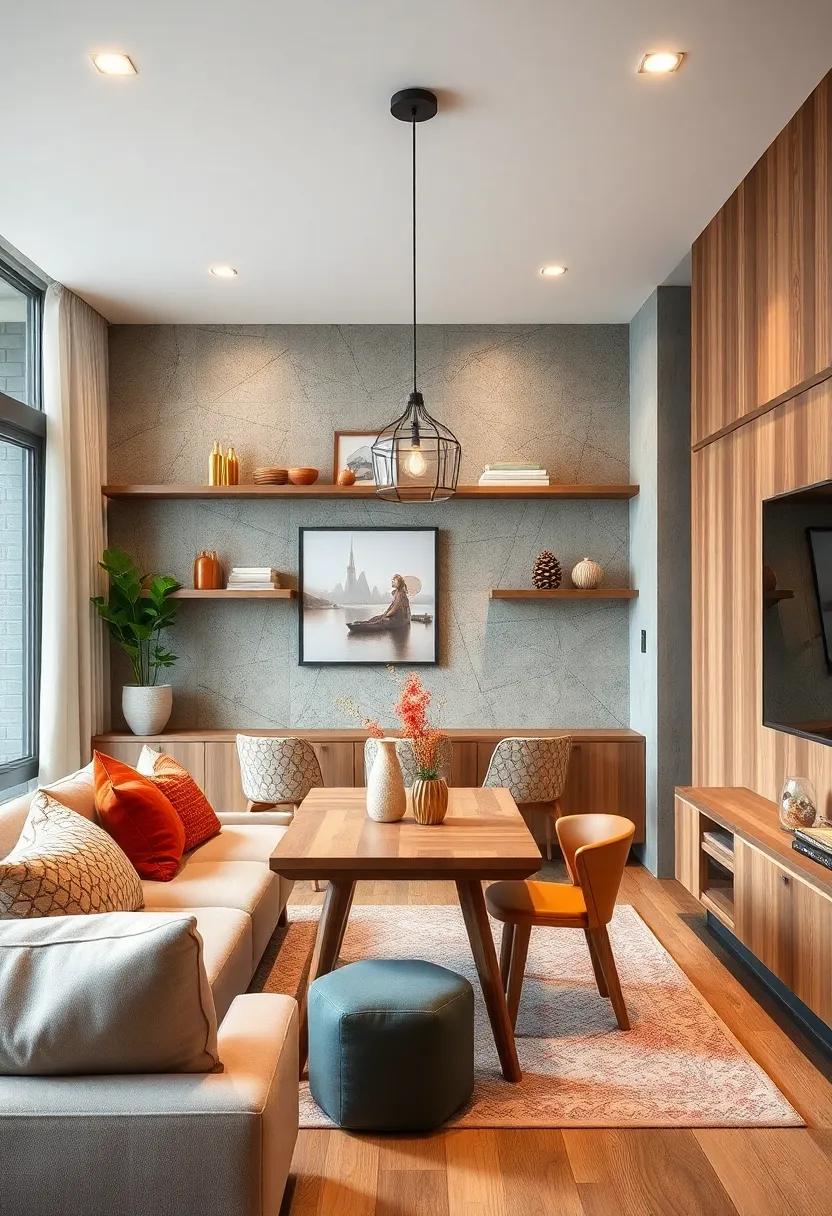 Creative Wall Storage That Frees Floor Space While Complementing a Cozy Living Room and Two-Person Dining Area