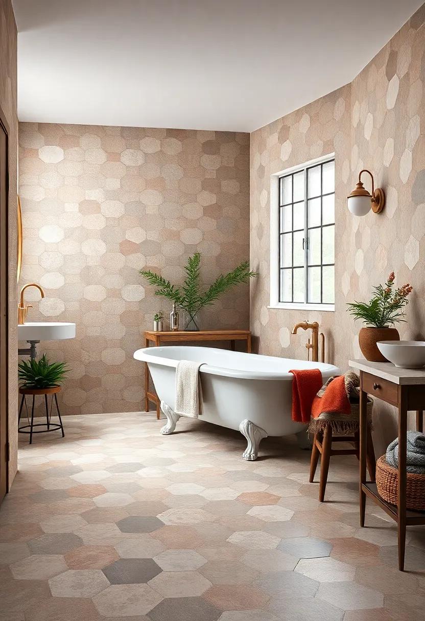 The Charm of Hexagonal Tiles with Muted Earth Tones Around a Freestanding Clawfoot Bathtub