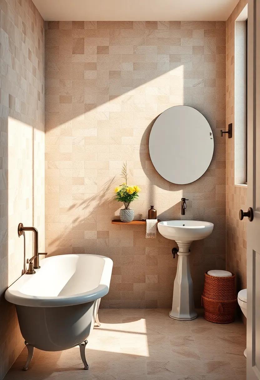 Vintage Tiles with Hand-Glazed Surfaces Paired with Classic Porcelain Sinks in Sunlit Bathrooms