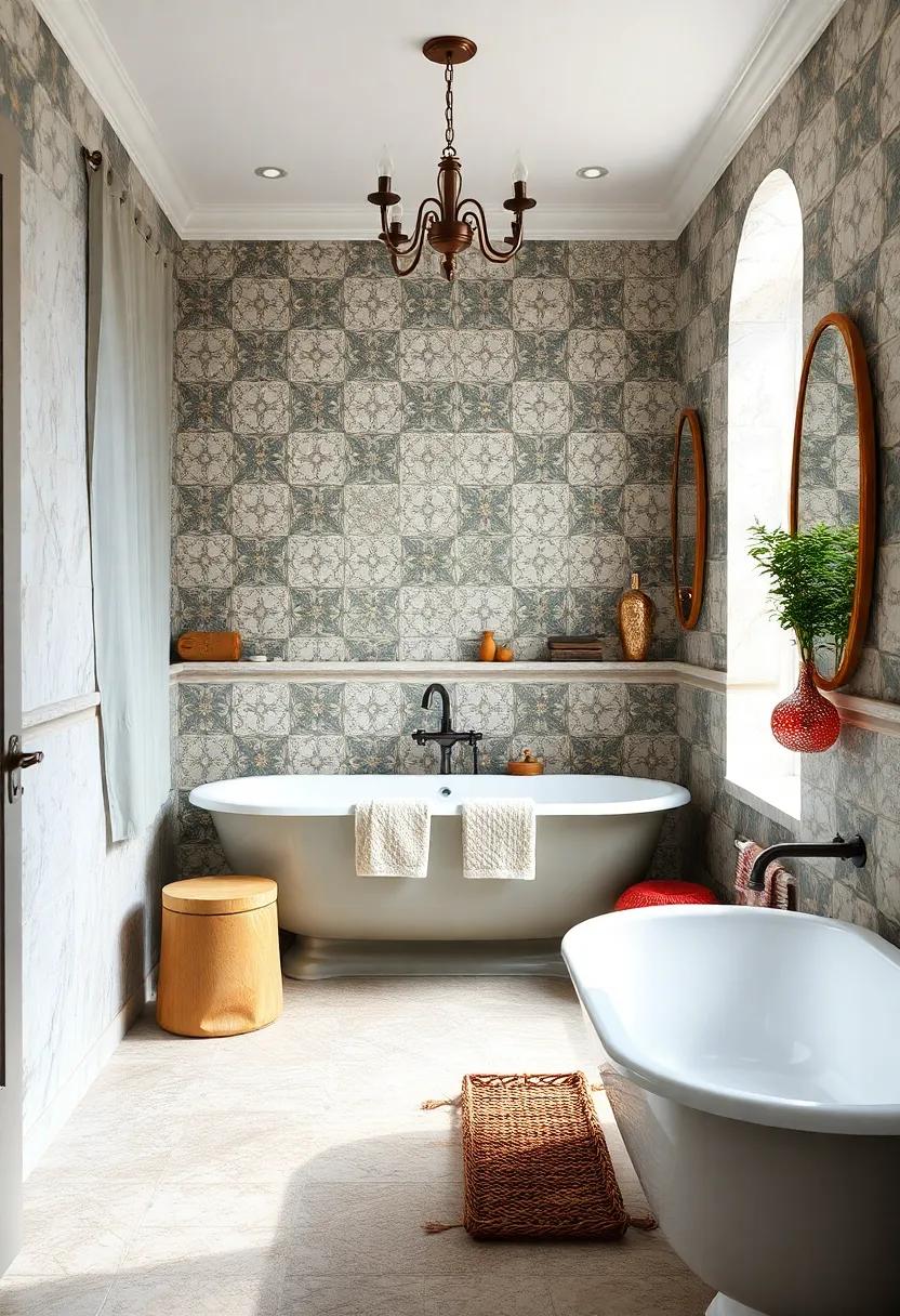 Delicate Floral Motifs on Small Square Tiles Portraying a Garden-Inspired Vintage Bathroom Scene