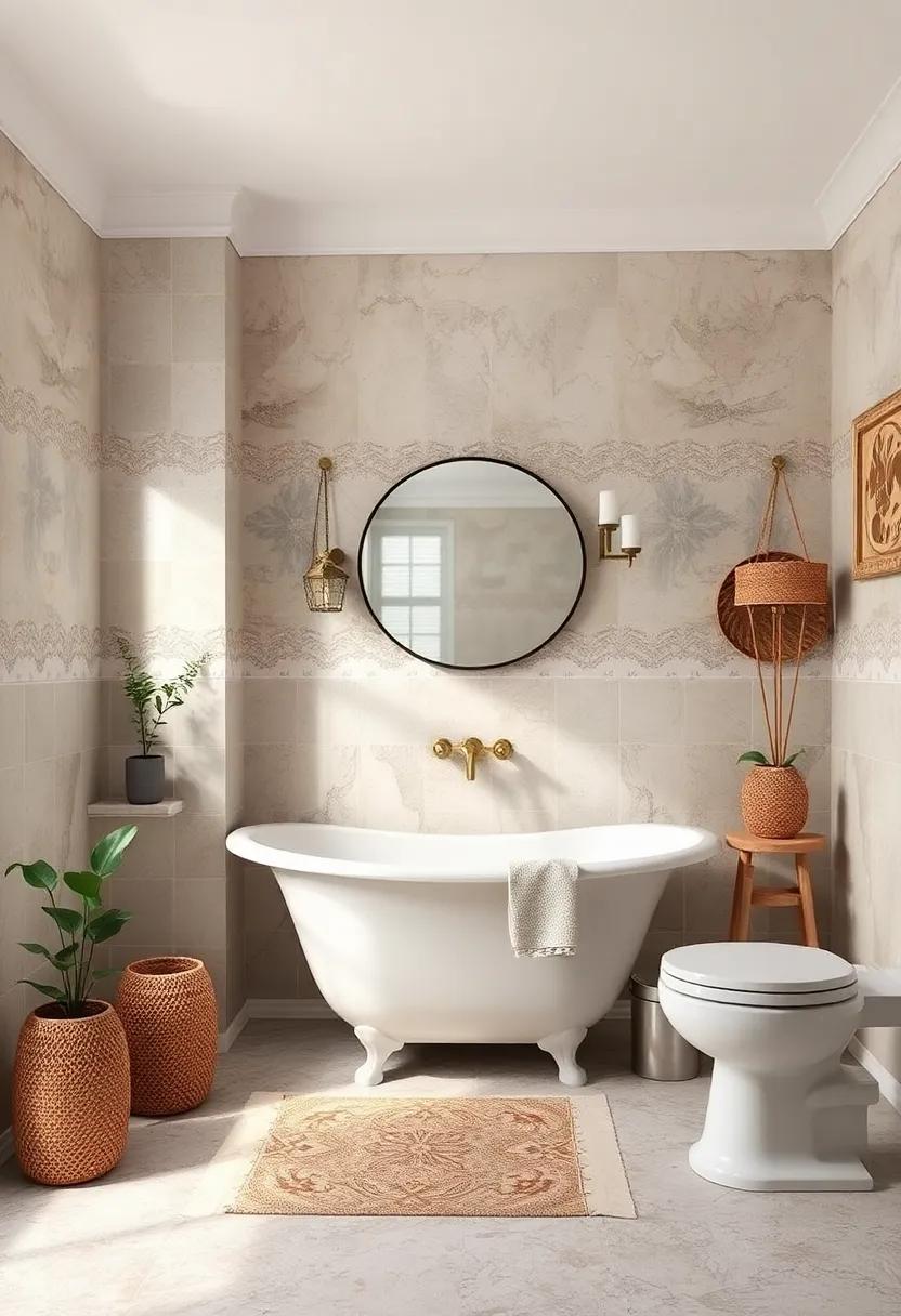 Delicate Lace-Inspired Tile Borders Lending a Feminine and Vintage Elegance to Bathroom Walls