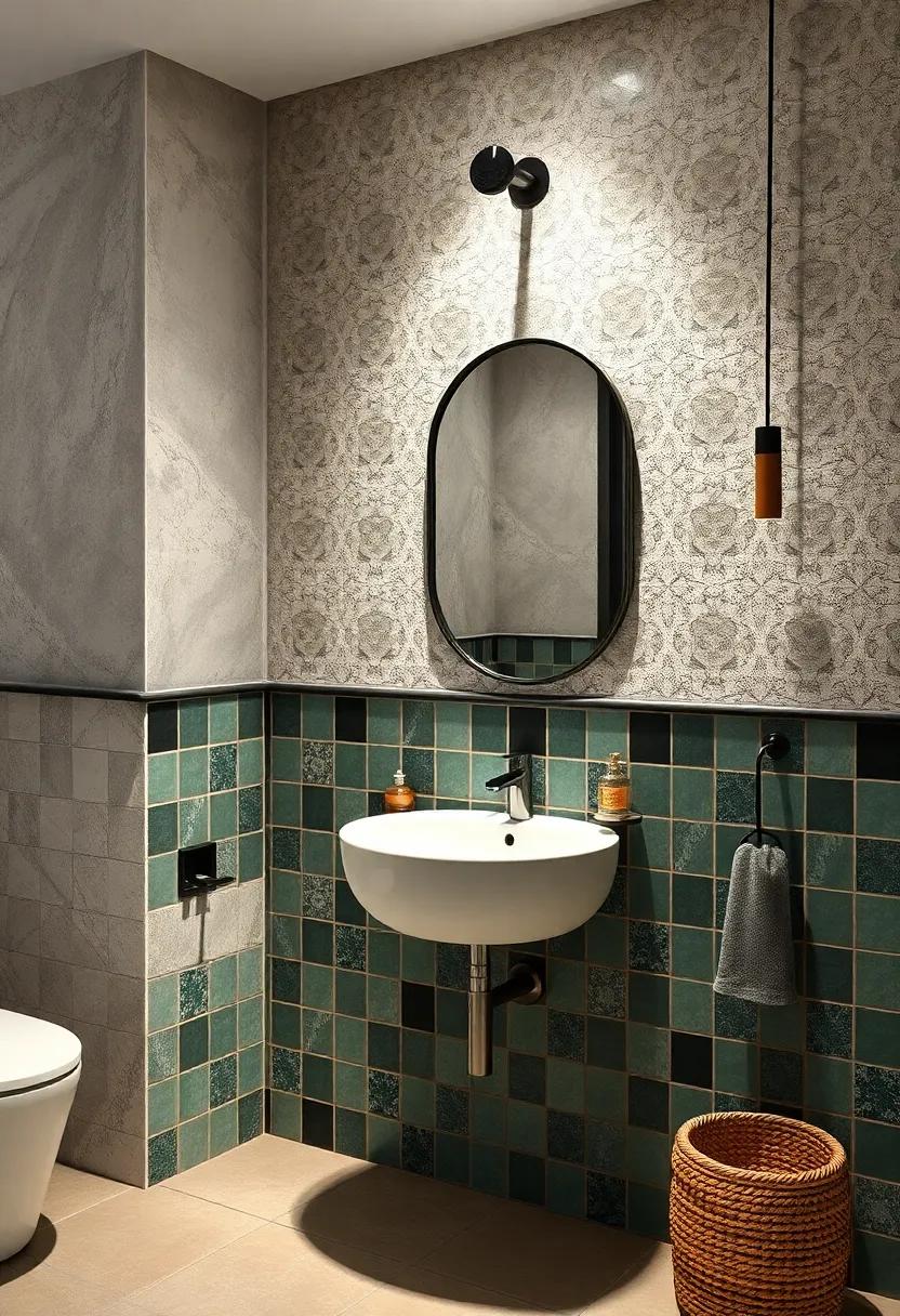 Rich Contrast of Matte Black and Glazed Green Tiles Around a Vintage Style Bathroom Mirror