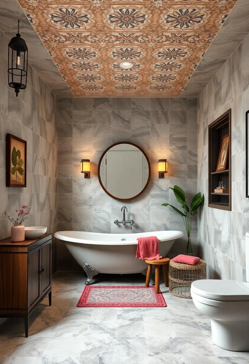 Ornate Mosaic Tile Ceilings Drawing Eyes Upward in a Small Vintage-Style Bathroom Retreat