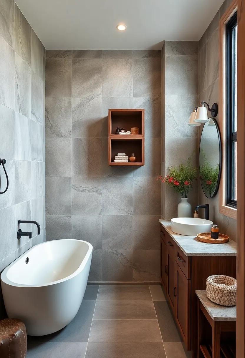 The Subtle Glow of Aged Metal Tile Insets Complementing Rich Wooden Bathroom Cabinets