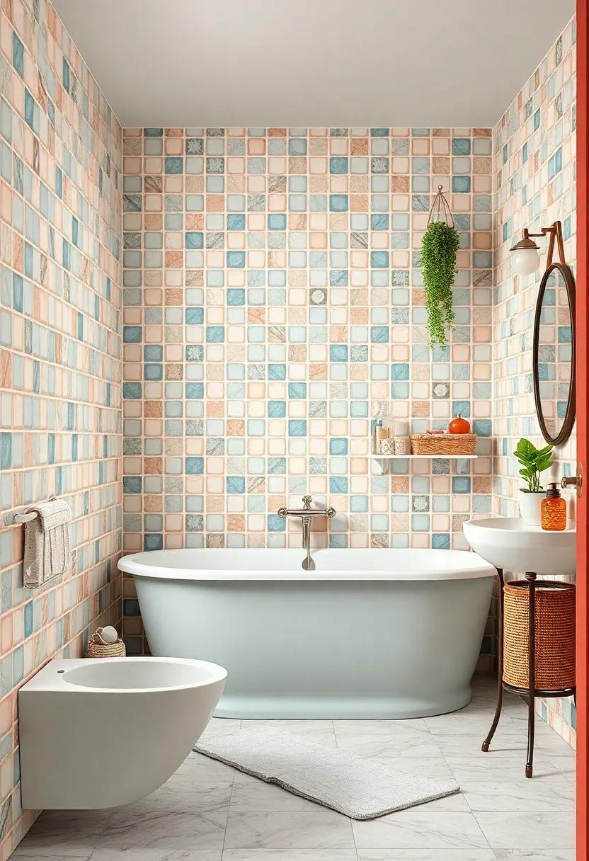 Glossy Enamel Tiles with Faded Pastel Hues Reflecting a Cozy Retro Bathroom Atmosphere