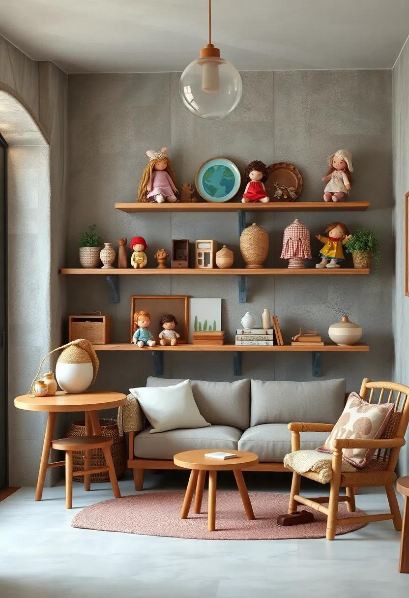 Whimsical Wooden Toys and Handcrafted Dolls Displayed on Rustic Shelves for Vintage Charm