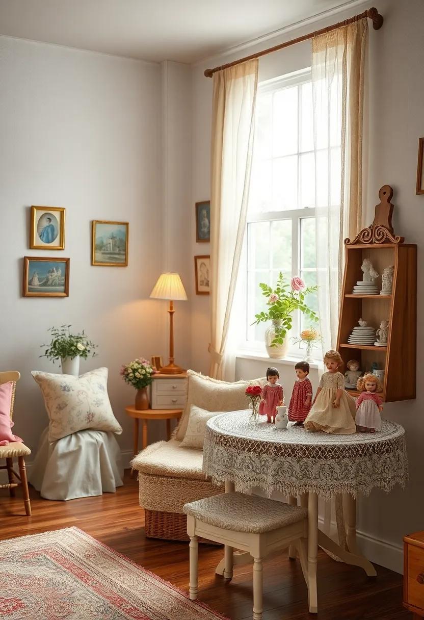 Delicate Porcelain Doll Collections Arranged Elegantly on Antique Lace-Covered Tables