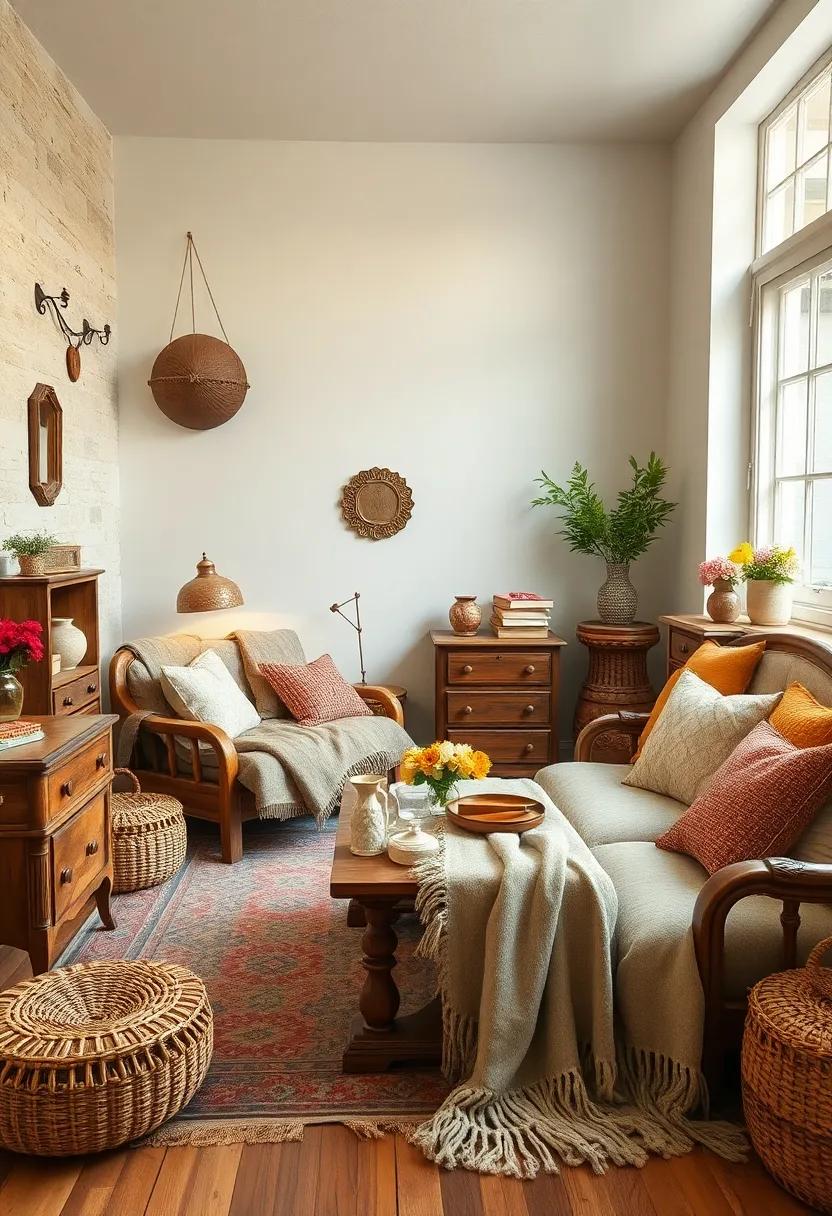Soft Woolen Blankets and Knit Accessories Layered Over Antique Furniture for Comfort