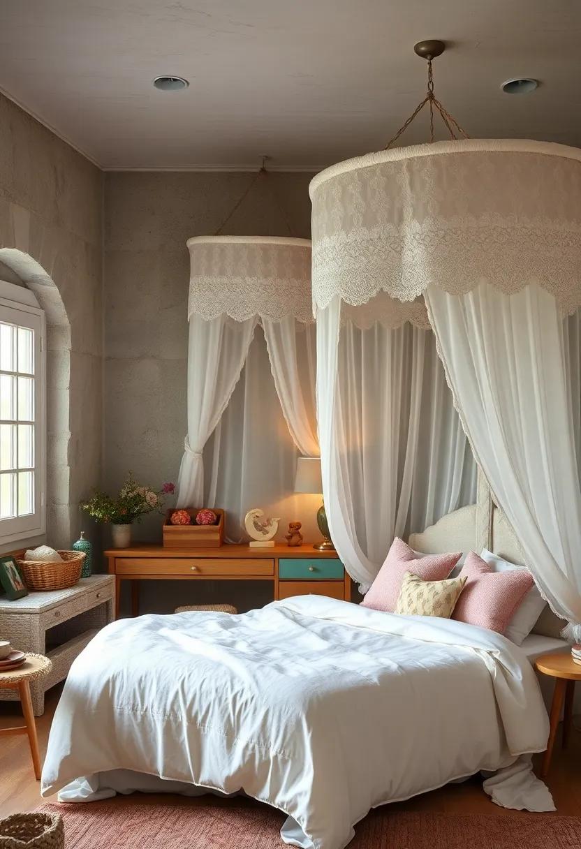 Charming Lace Canopies Draping Over Beds Creating a Fairy-Tale Ambiance in Nostalgic Rooms
