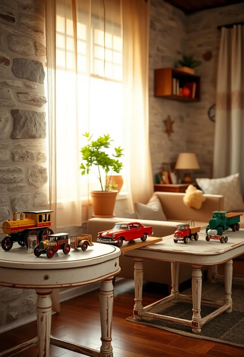 Classic Tin Toy Cars and Trains Lined Up Meticulously on Distressed Side Tables