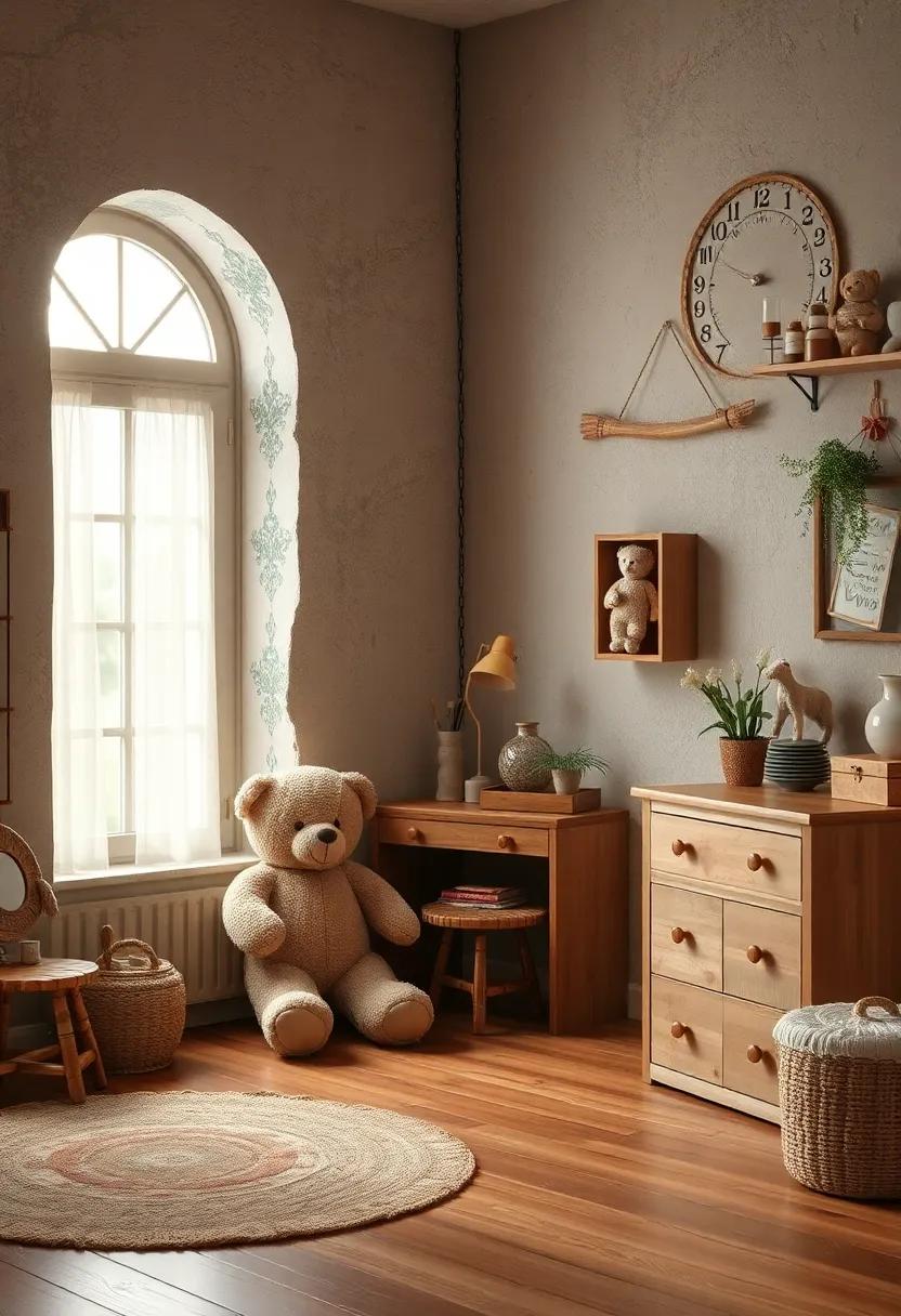 Softly Worn Teddy Bears and Plush Friends Sitting Peacefully in Nostalgic Corners