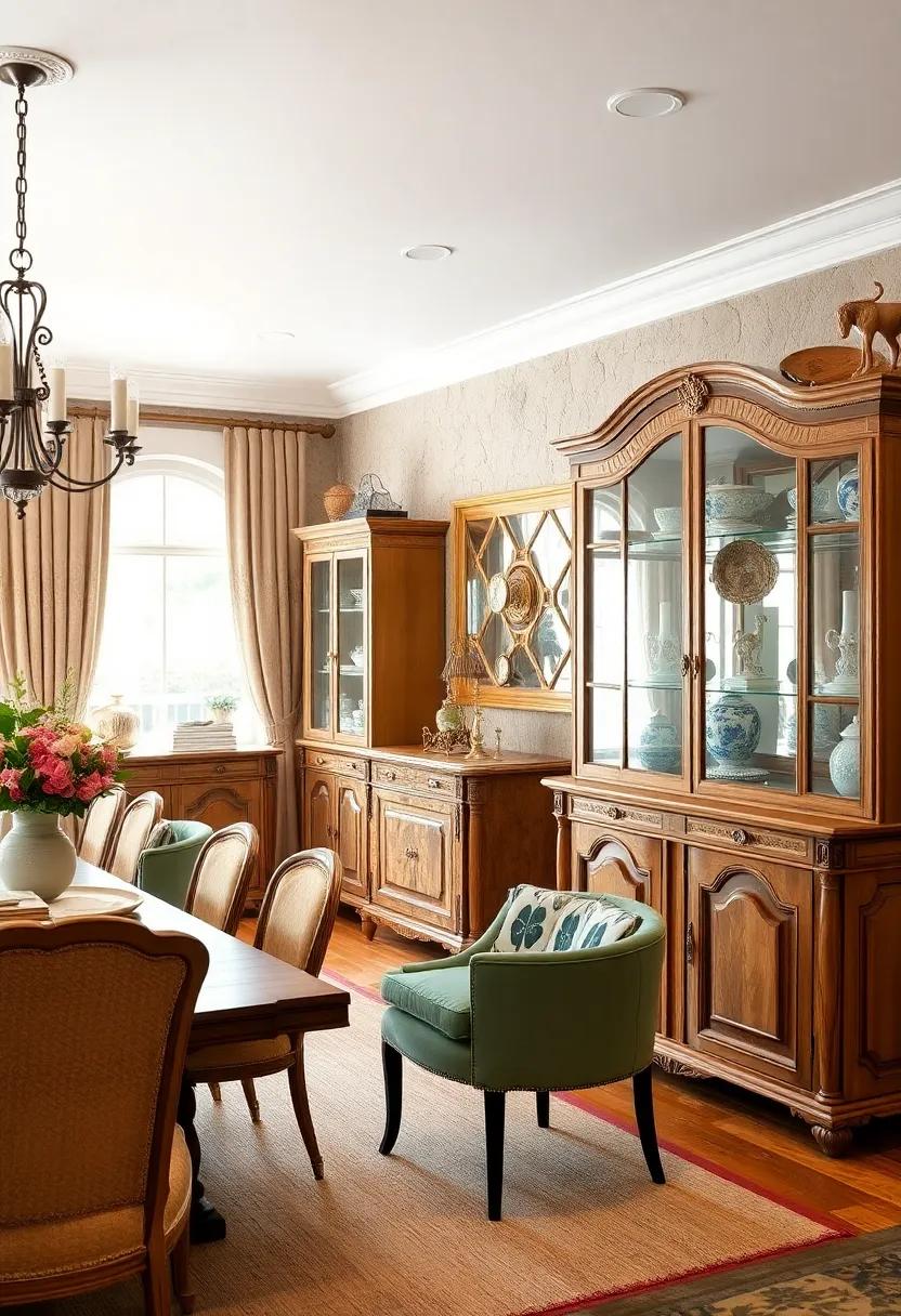 Antique Porcelain Figurines and Silver Trays Displayed Elegantly on French Country Curio Cabinets