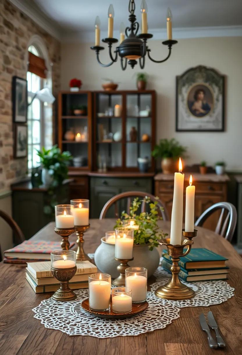 Aromatic Candles in Brass Holders Flickering Softly Amidst Of Antique Books and Lace Doilies