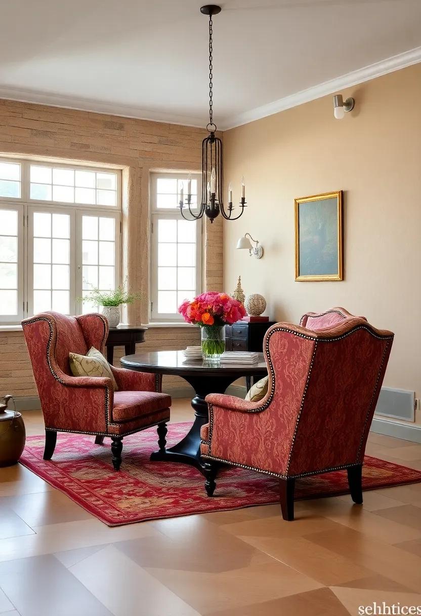 Classic Wingback Chairs Upholstered in Rich Tapestries with Detailed Nailhead Trim Accents